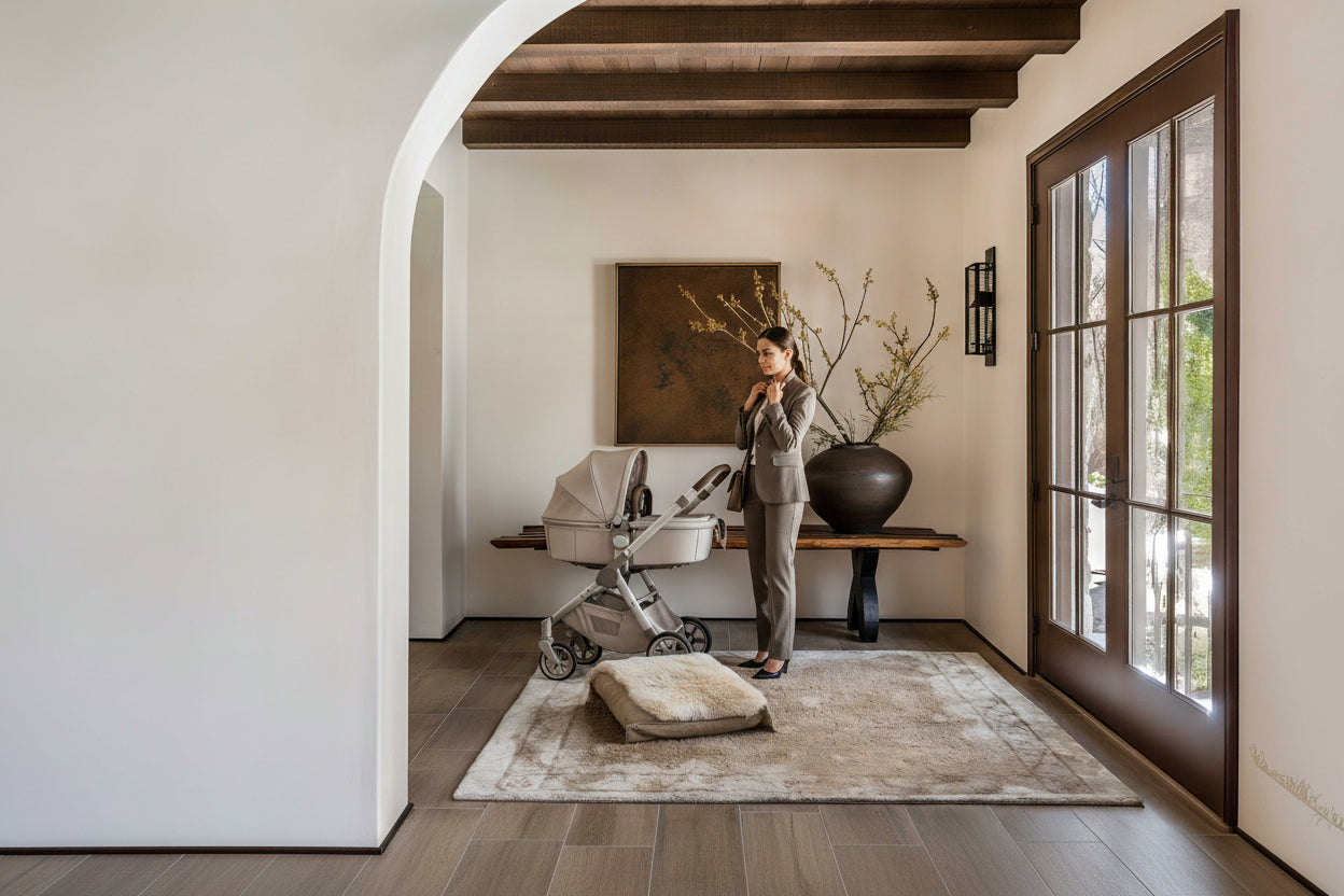 Modern interior with wooden bench, decorative vase, and abstract painting.