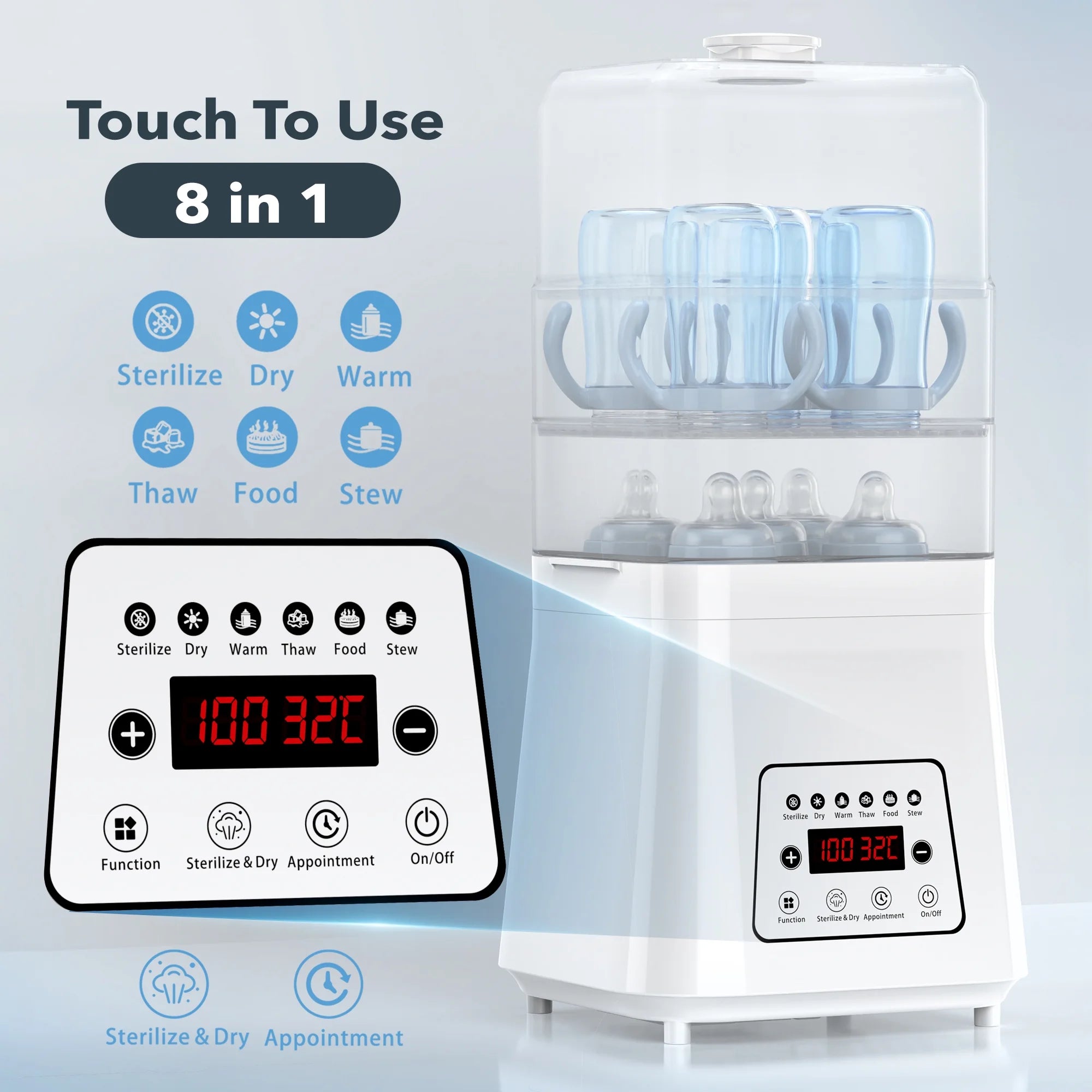8-in-1 Baby Bottle Sterilizer and Dryer: Electric Steam Sanitizer, Warmer, and Food Prep.